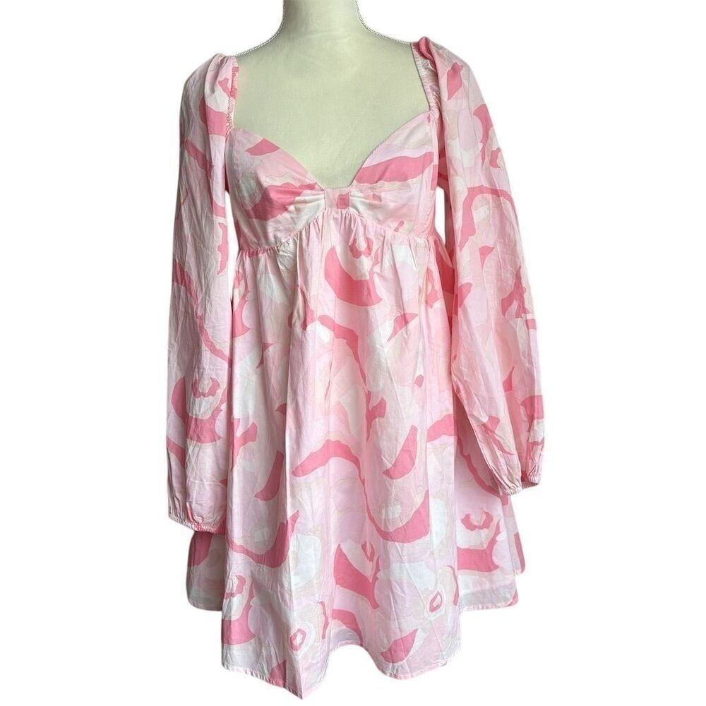 Moodie Women's Pink Babydoll Dress M Long Sleeve Sweetheart Neckline Milkmaid
